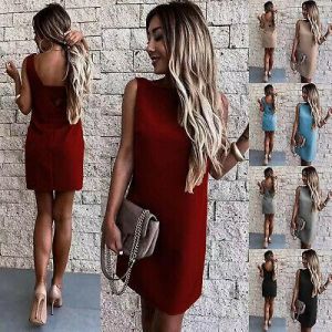 Fashion Women Solid Color Round Neck Backless Sleeveless Vest Professional Dress